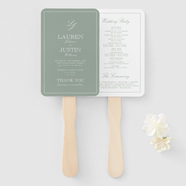 Éventail Monogramme Sage Green Script Programme de mariage  (Devant et derrière)