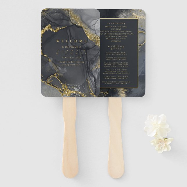 Éventail Moody Ink Charcoal Gold Abstrait Program ID988 (Devant et derrière)