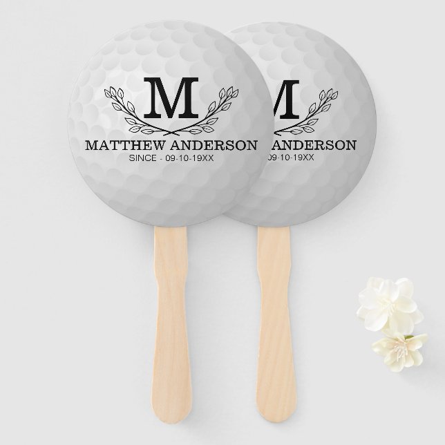 Éventail Motif de balle de golf personnalisé Nom Monogramme (Devant et derrière)