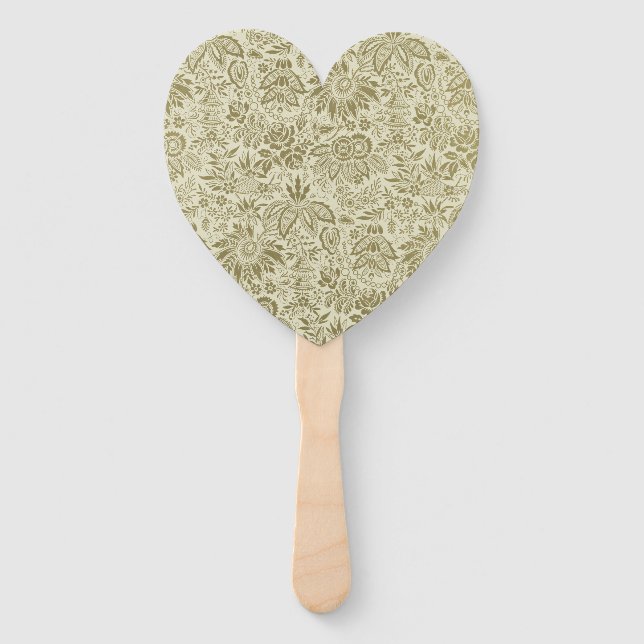 Éventail Motif Floral Vert Sage Antique Damas (Devant)