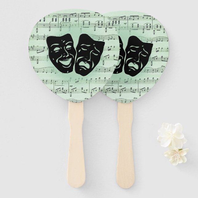 Éventail Musique verte et masques grecs de théâtre (Devant et derrière)