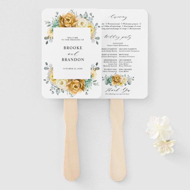 Éventail Mustard Yellow Floral Sage Programme de mariage mo (Devant et derrière)