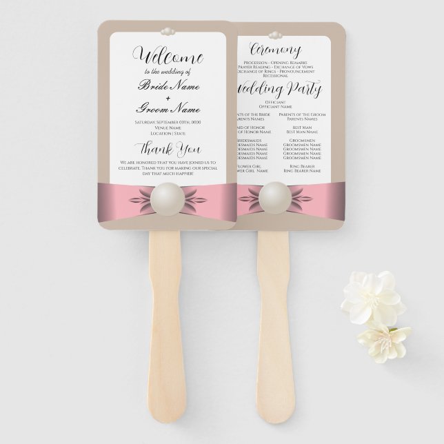 Éventail Muted Blush & Tan Pearl Ribbon Wedding Programme (Devant et derrière)
