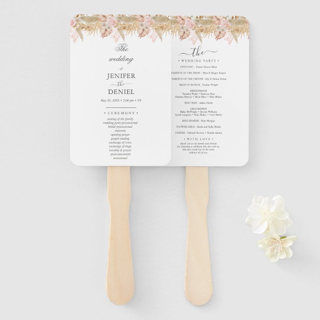 Éventail Neutral Palm and Pampas Flower Decor Wedding (Devant et derrière)