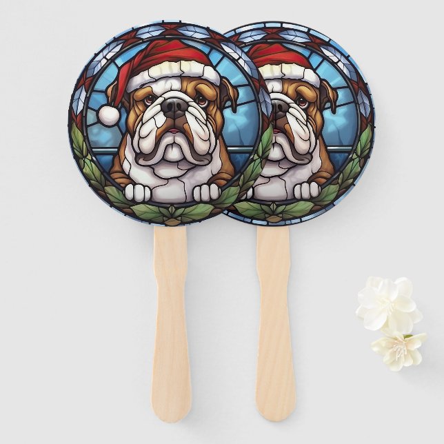 Éventail Noël à Bulldog en verre tendu (Devant et derrière)