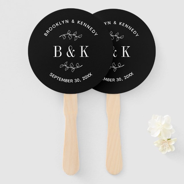 Éventail Noir Blanc Floral Botanogramme Nom du couple (Devant et derrière)