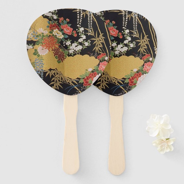 Éventail Noir et or traditionnel japonais Kimono floral (Devant et derrière)
