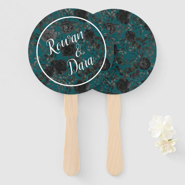 Éventail Noir Turquoise Rose gothique Elégant Mariage (Devant et derrière)
