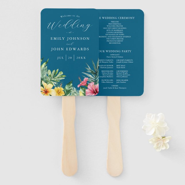 Éventail Ocean Blue Tropical Flowers Programme de mariage (Devant et derrière)