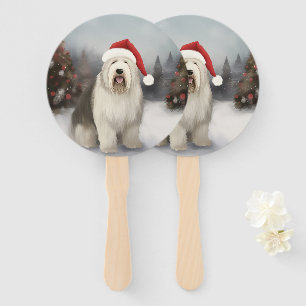 Éventail Old English Sheepdog en Noël de neige