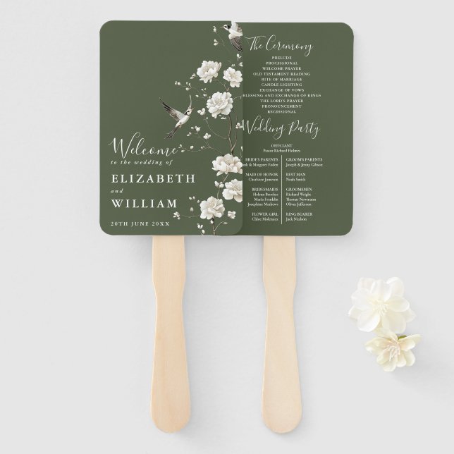 Éventail Olive Green Chinoiserie Floral Wedding Programme (Devant et derrière)