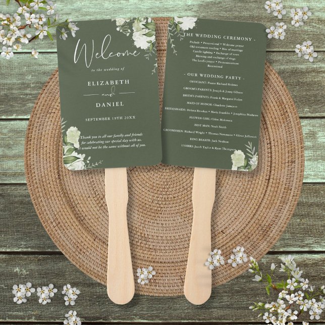 Éventail Olive Green Floral Programme de mariage (Olive Green Floral Greenery Wedding Program Hand Fan)