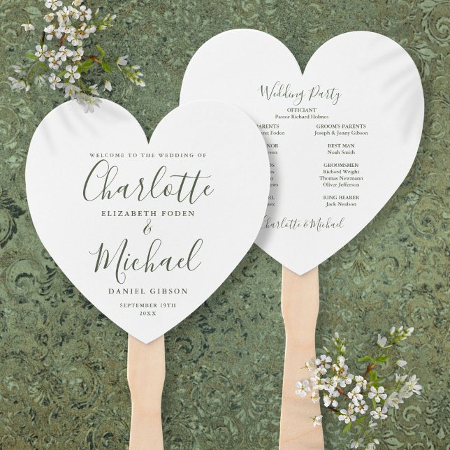 Éventail Olive Green Script Mariage cérémonie Coeur (Olive Green Script Wedding Ceremony Heart Hand Fan)