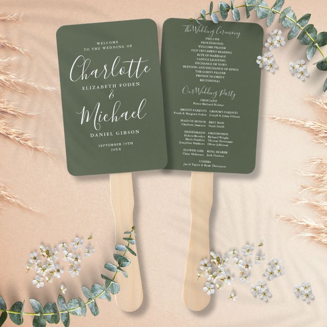 Éventail Olive Green Signature Script Programme de mariage (Olive Green Signature Script Wedding Program Hand Fan)