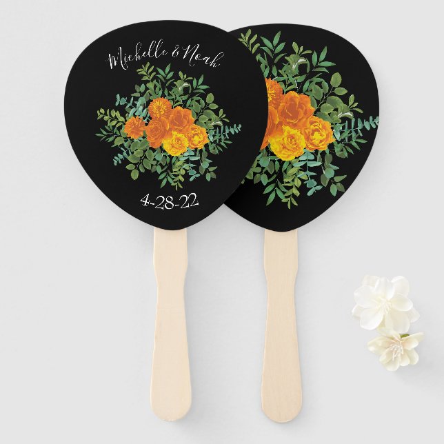 Éventail Orange & Black Gothique Peony & Rose Floral Mariag (Devant et derrière)