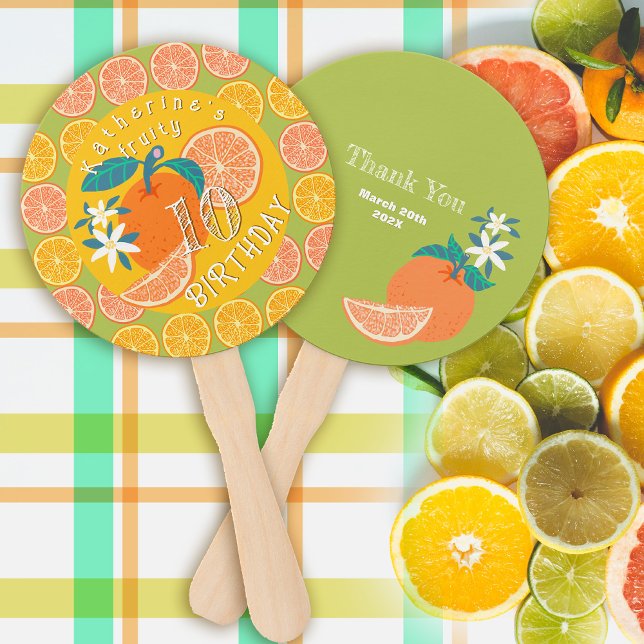 Éventail Orange Fruit Anniversaire Vert (Orange Fruity Birthday Hand Fan.)