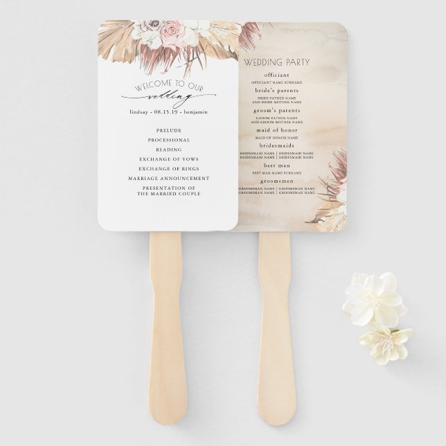 Éventail Orchidées et palmiers séchés Programme de mariage  (Devant et derrière)