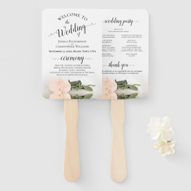 Éventail Pale Blush Peach Rose Élégant programme de mariage (Devant et derrière)