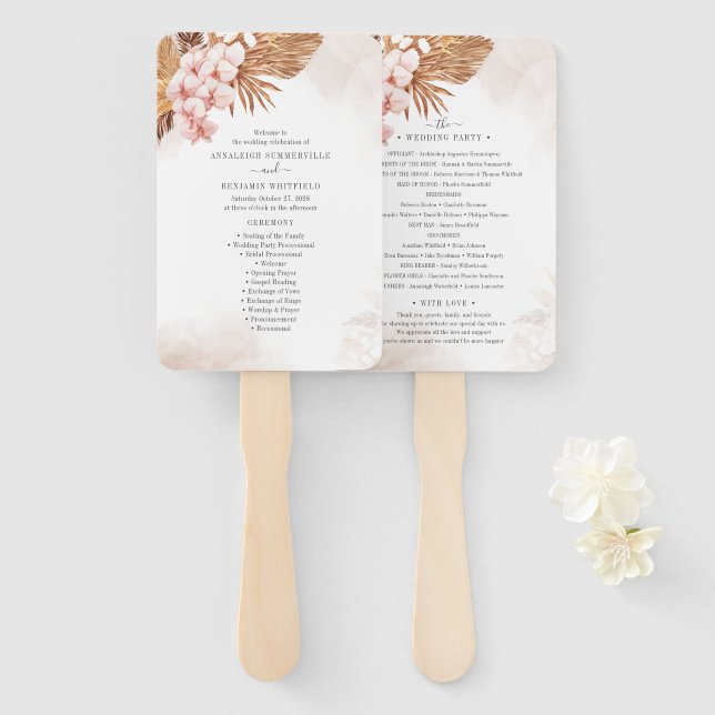 Éventail Pampas Grass Botanical Rose Floral Wedding Program (Devant et derrière)