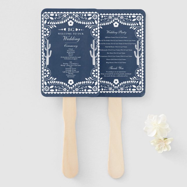 Éventail Papel Picado Boda Mexican Rustic Blue Wedding  (Devant et derrière)