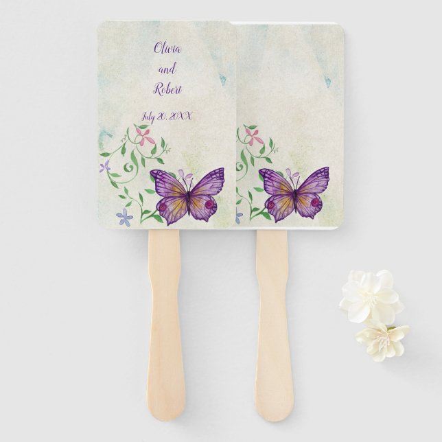Éventail Papillon pourpre à aquarelle personnalisée (Devant et derrière)