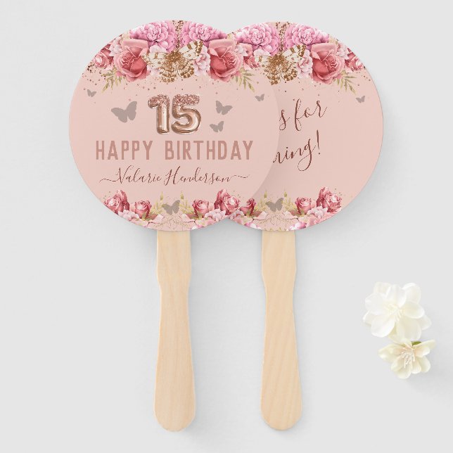 Éventail Papillons floraux rose heureux 15e anniversaire (Devant et derrière)