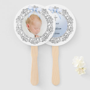 Éventail Parties scintillant Argent Cadre Bleu Bow Baptême