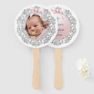 Éventail Parties scintillant Argent Cadre rose Bow Baptême