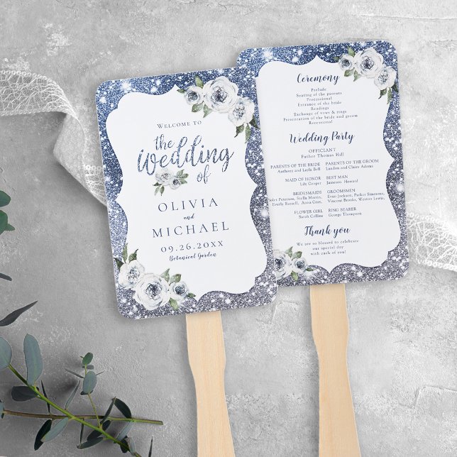 Éventail Parties scintillant bleue étincelante et programme (Sparkle blue glitter and floral wedding program hand fan)