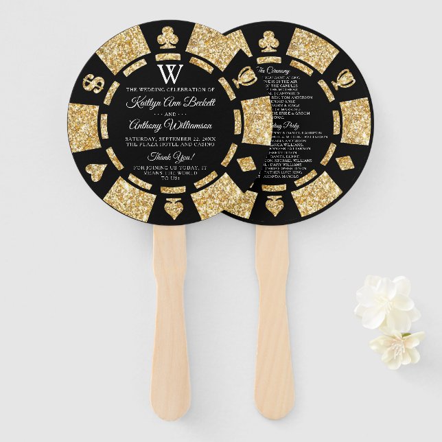 Éventail Parties scintillant d'or Monogram Poker Chip Casin (Devant et derrière)