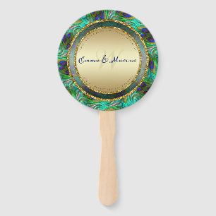 Éventail Peacock Feathers Gold Round Mariage Menu