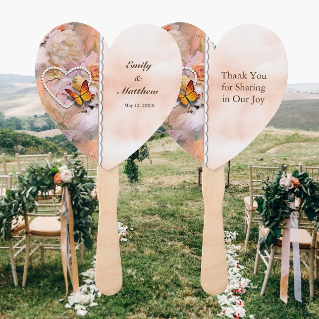 Éventail Pearl Heart Floral Orange Rose Papillon rose Mer (Pearl Heart Floral Orange Pink Rose Butterfly Wed Hand Fan)