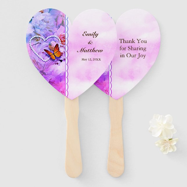 Éventail Pearl Heart Floral Rose Mariage papillon rose (Devant et derrière)