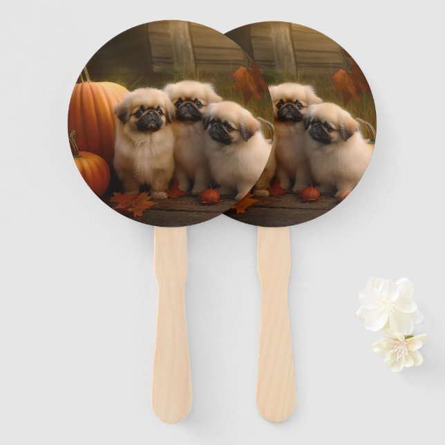Éventail Pekingese Chiot Automne Citrouille délice (Devant et derrière)