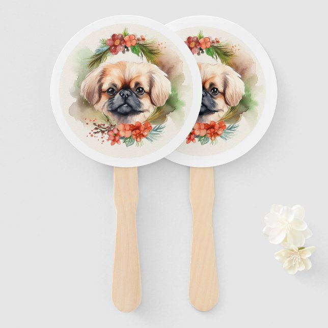 Éventail Pekingese Christmas Wreath Festive Pup (Devant et derrière)