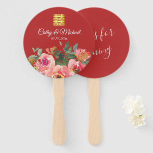 Éventail Peony floral double bonheur chinois mariage rouge