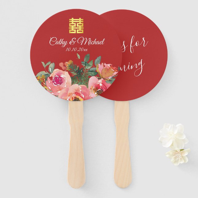 Éventail Peony floral double bonheur chinois mariage rouge (Devant et derrière)