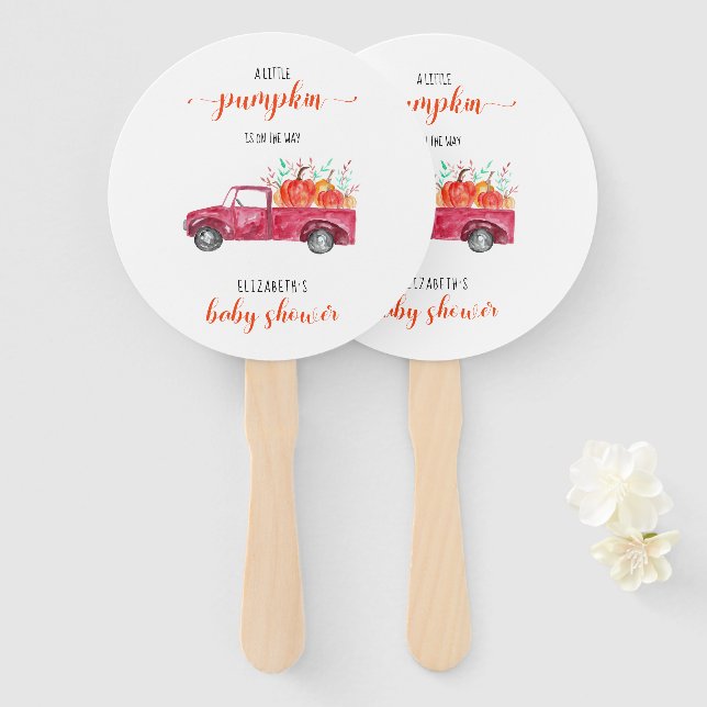Éventail Petit Baby shower Citrouille Camion Rouge Automne  (Devant et derrière)