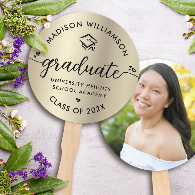Éventail Photo Gold Foil Graduation Black Script Hearts Cas (Créateur téléchargé)