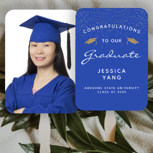 Éventail Photo personnalisée Bleu Blanc Gold Graduation