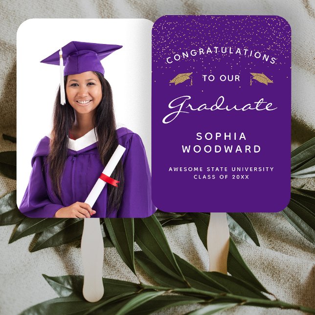 Éventail Photo personnalisée Purple White Gold graduation (Créateur téléchargé)