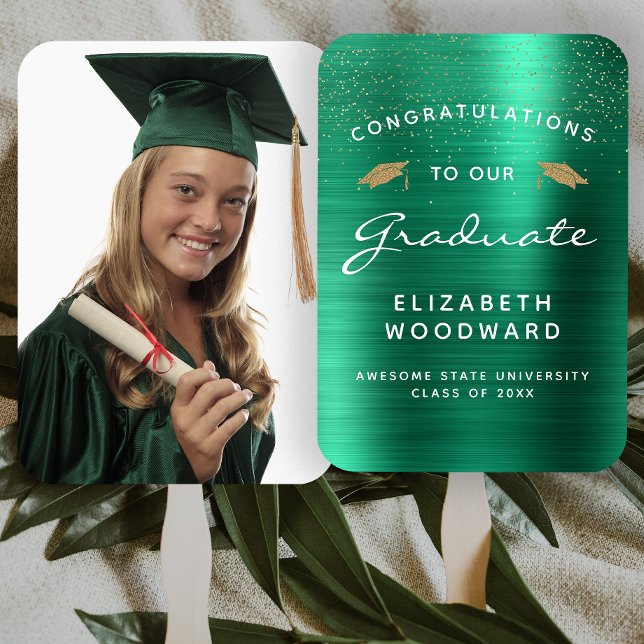 Éventail Photo personnalisée Vert métal blanc Gold Graduati (Créateur téléchargé)