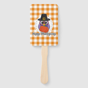 Éventail Pilgrim owl on Orange Plaid - Happy Thanksgiving