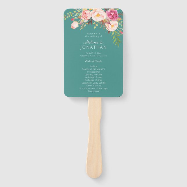 Éventail Pink Blush Bloom Floral Wedding Programme Turquois (Devant)