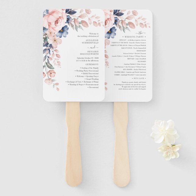 Éventail Pink Floral Aquarelle Programme de mariage botaniq (Devant et derrière)