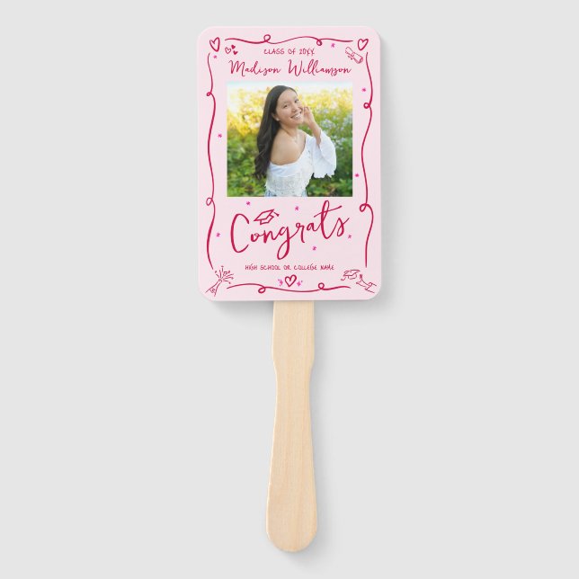Éventail Pink Red Hand Drawn Doodle Graduation 2 Photo Fun (Devant)