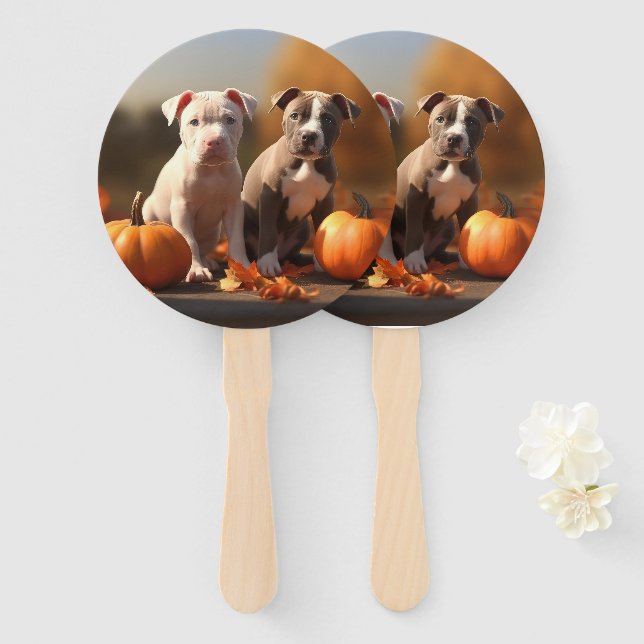 Éventail Pitbull Chiot Automne Citrouille de plaisir (Devant et derrière)