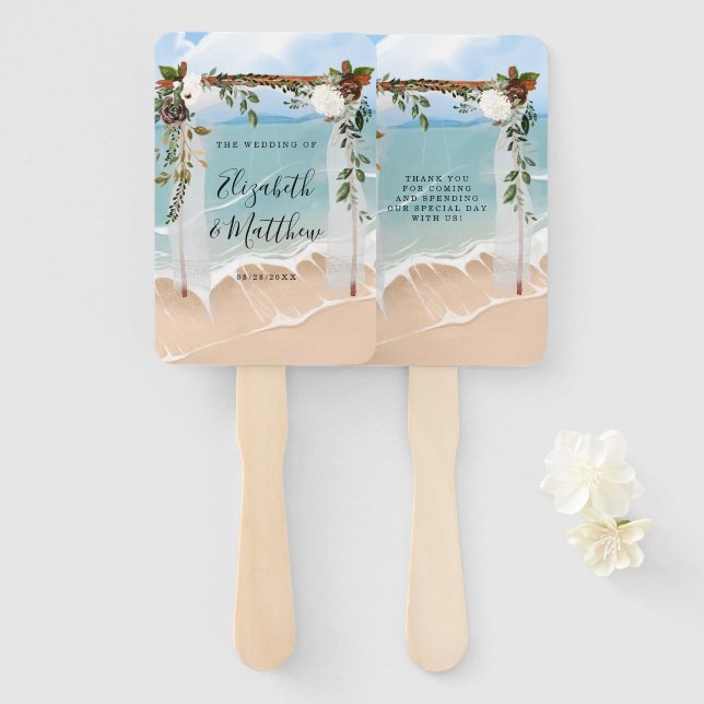 Éventail Plage Océan blanc Canopée Marsala Floral Mariage (Devant et derrière)