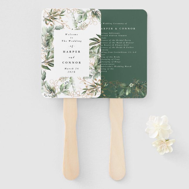 Éventail Premium Sage Modern Eucalyptus Mariage vert (Devant et derrière)