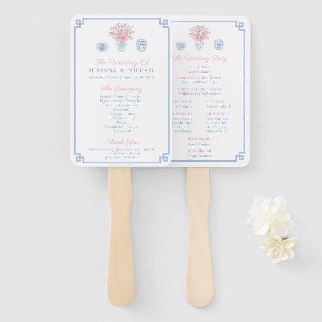 Éventail Preppy Pastel Bleu Et Mariage Chinoiserie Rose (Devant et derrière)